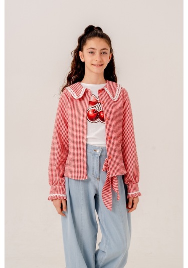 Kız Çocuk Su Taşlı Gömlek T-shirt İkili Takım 1805 Kırmızı