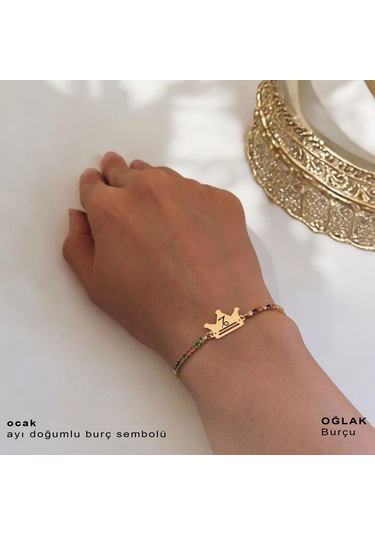 Ocak Ayı Doğumlarına Taç Motifli 14 Ayar Altın Plakalı Renkli Taş Desenli Hediye Bileklik-489ay Ocak
