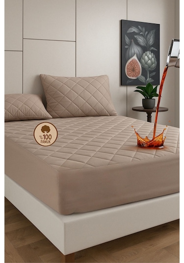 %100 Pamuk Renkli Kapitone Sıvı Geçirmez Alez Çarşaf - Kahverengi