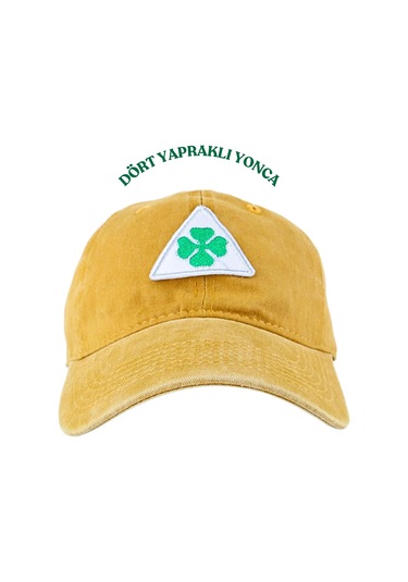 Perlotus Vintage Yıkamalı Pamuk Şapka Dört Yapraklı Yonca Nakışlı Sarı Sarı