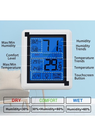 Moly Geniş Lcd Dokunmatik Beyaz-siyah Dijital Nem Sıcaklık Ölçer, -4 158 C / 20 95% Rh, Pil Yok Ticari Ev Meteoroloji Saati