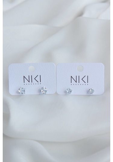 Niki Aksesuar Zirkon Yıldız Taşlı Çelik Büyük Boy Ve Küçük Boy Küpe Set Gümüş