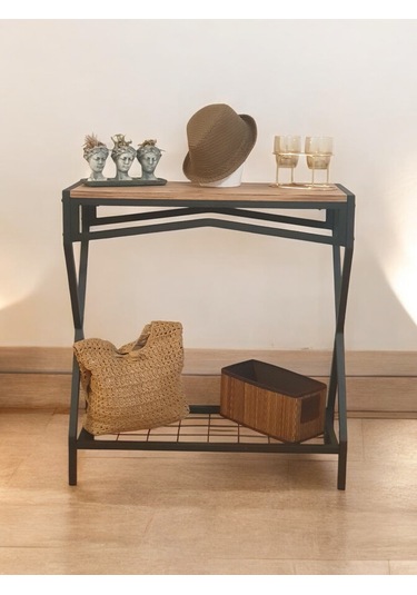 Metal Dresuar Ahşap Raflı Stand Çok Amaçlı Salon Ve Hol Rafı Siyah