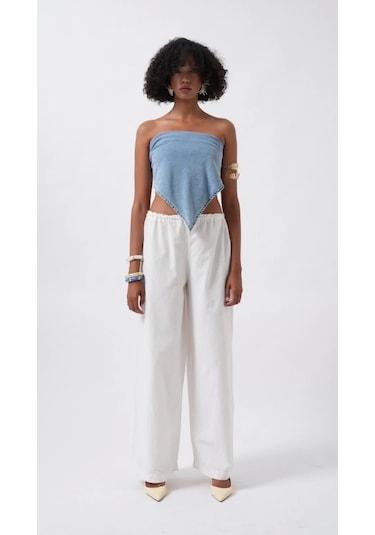 Defymoda Bağlamalı Denim Crop Mavi