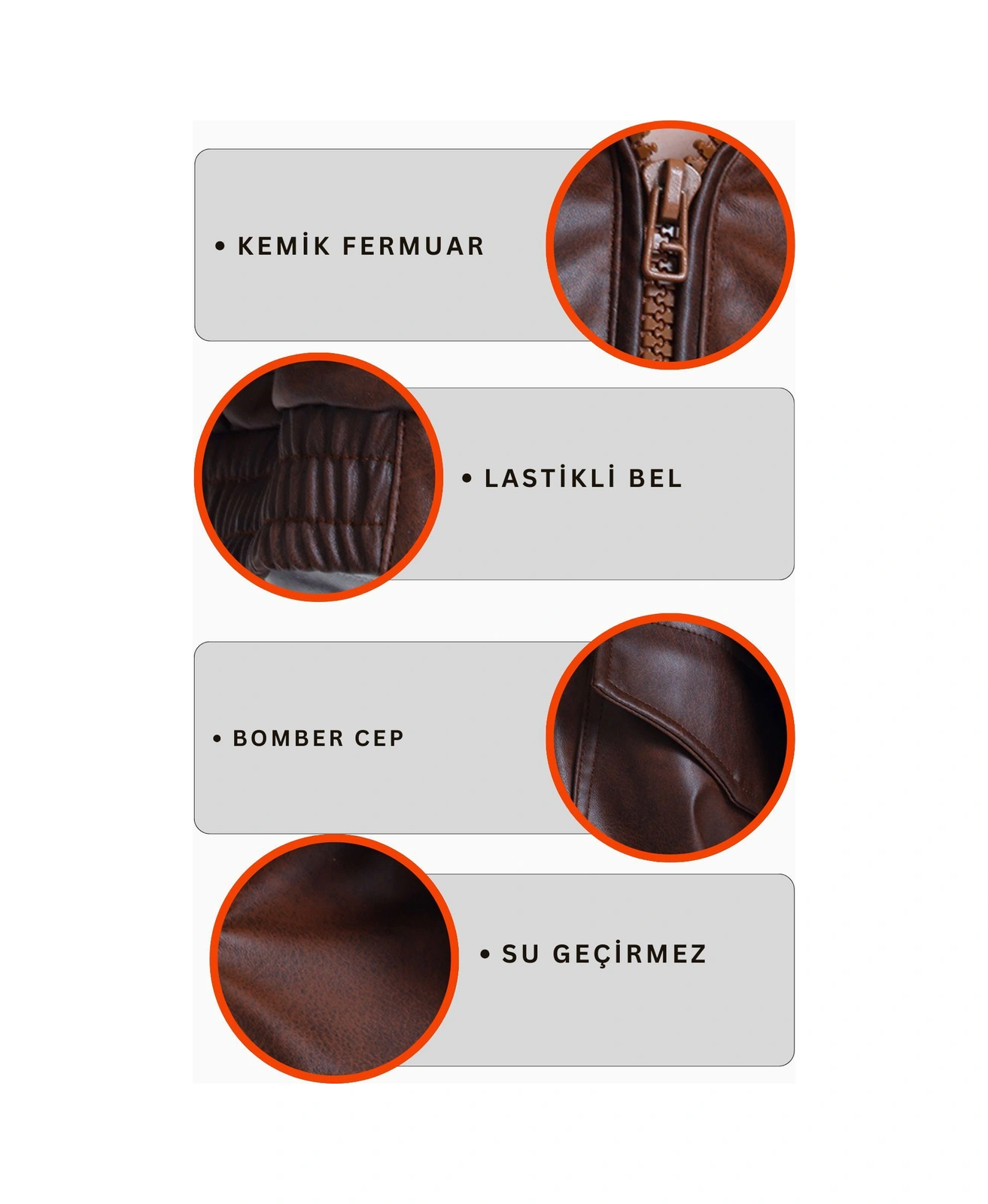 Kadın Deri Oversize Astarlı Kol Çıt Çıt Düğmeli Deri Mont Fermuar Kapamalı Kolej Mont Kahve Kahve