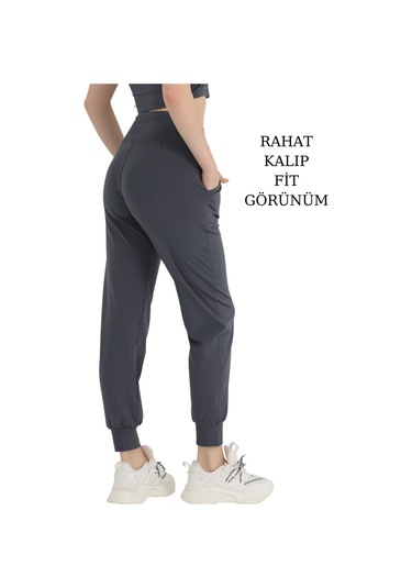 Kadın Curve Eşofman Alt Antrasit Jogger Dalgıç Kumaş Yüksek Bel Çift Cepli Joggers 1061 Antrasit