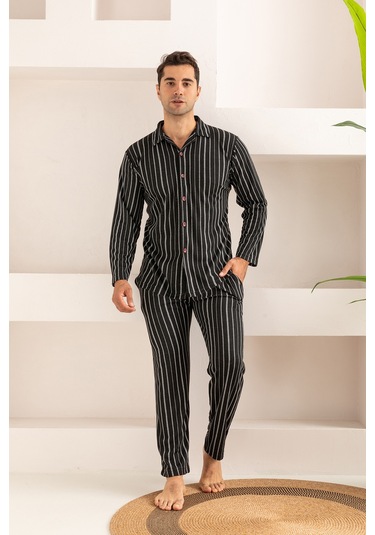 Erkek Jakarlı Düğmeli Pamuk Pijama Takımı- Çizgili Erkek Pijama Lacivert