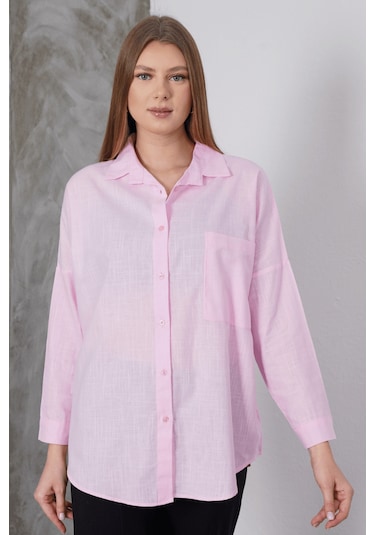 Paw Garage Kadın London Keten Tek Cepli Oversize Gömlek, Premium Kalite Keten Gömlek Pembe