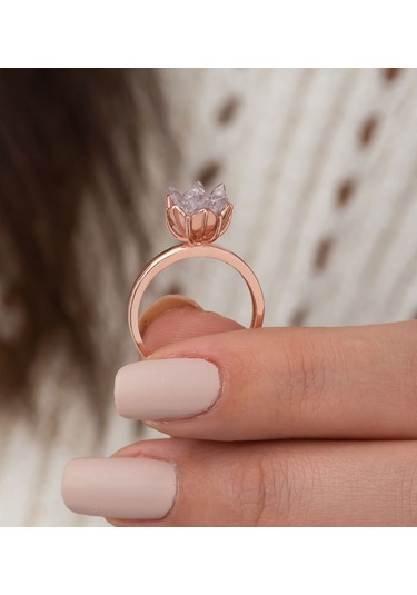 Rose Altın Kaplama Beyaz Lotus Çiçeği Kadın Kolye Yüzük  Set Rose Gold