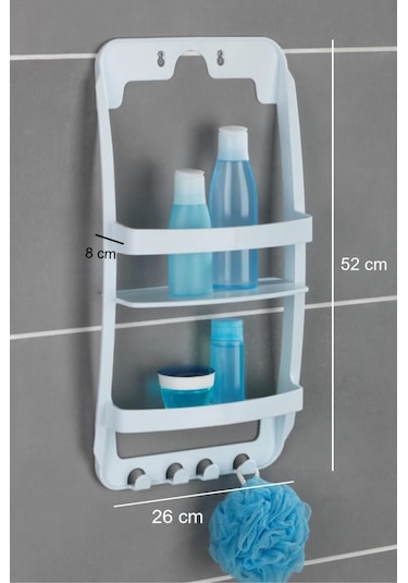 Banyo Rafı Duvara Monte Plastik 3 Katlı Raf Organizer Askılıklı, Beyaz Renkli