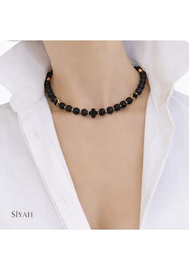 Luna Yonca Detaylı Lav Taşı Choker Doğal Taş Kolye Siyah