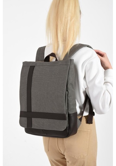 Kadın Sırt Çantası 35 22 Cm Kanvas Kumaş Laptop Bölmeli Business Sırt Çantası Okul Çantası Mega Bag Gri