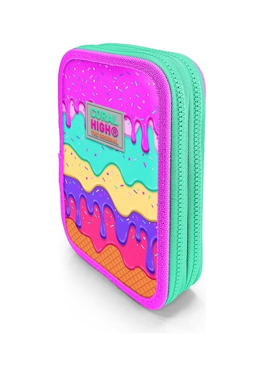 Coral High Kids Pembe Rengarenk Dondurma Desenli Çift Katlı Kalem Çanta 11131 Çok Renkli