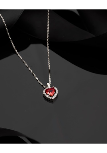 925 Ayar Lal Taşlı Rodyum Pırlanta Görünümlü Kalp Gümüş Kolye Rn10311 Gümüş