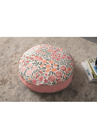 Çiçek Desenli Taşınabilir Yuvarlak Yer Minderi Puf 60x60 Cm
