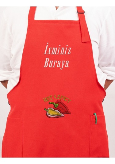 Mutfak Önlüğü Kişiye Ve İsme Özel Nakışlı Mutfak Önlüğü Biber02 Farklı Renkler Kırmızı