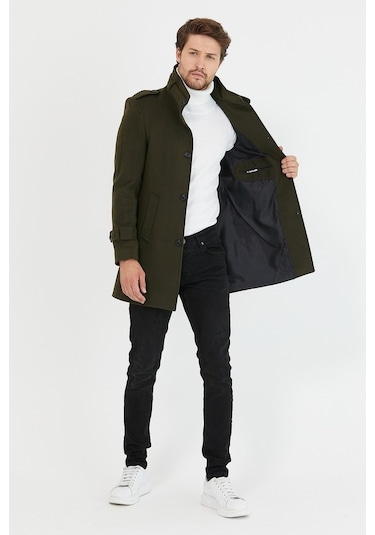 Erkek Haki Dar Kesim Dik Yaka Uzun Kaşe Kaban-Haki