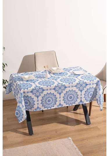 Alaçatı Mavi Çini Desenli Masa Örtüsü, Sofra Bezi, Piknik Örtüsü