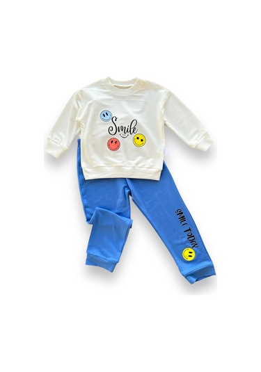 6-9-12-18 Ay Emoje Baskılı Pamuk Penye Kumaş Erkek Bebek Takımı Mavi Mavi