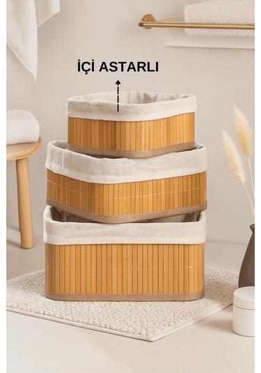 3 Lü Kare Doğal Bambu Sepet Seti - Pinterest Dekoratif Organizer Düzenleyici Sepet Takımı Bambu