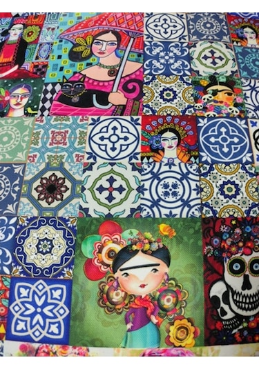 Çini Zeminli Frida Kahlo Desenli Dijital Baskılı Kumaş