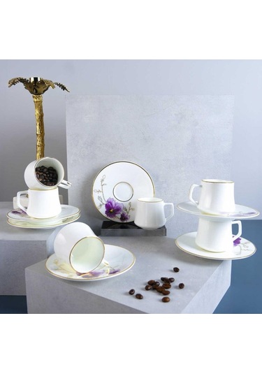 Evaliza Buket Mor 80ml 6 Kişilik Kahve Fincan Takımı Mor