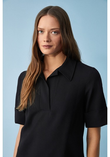 Nouru Kadın Polo Yaka Kısa Kol Oversize Fit Kısa Siyah Elbise