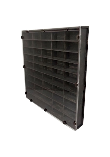 Şeffaf Kapaklı Eskitme Siyah Ahşap Hobi Araba Rafı 50 Li