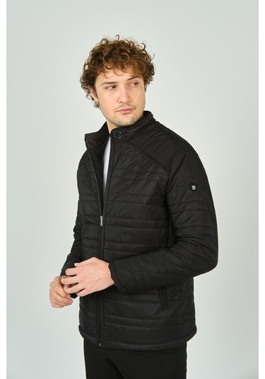 Lucas Erkek Dik Yaka Deri Biyeli Kapitone Mont 4706 Siyah Siyah