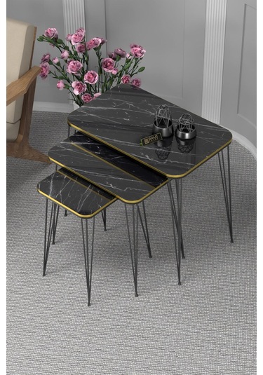 Zigon Sehpa Kr Çift Bendir Tel Siyah Ayak Siyah Mermer Desen