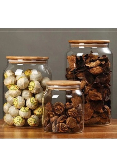 Qerhome Vakumlu Bambu Kapaklı Cam Erzak Kavanozu 1 Adet 4 Litre Şeffaf