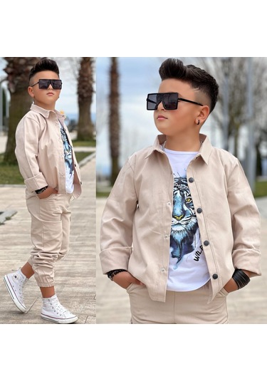 Modavals Gabardin Gömlek Kargo Cep Pantolon Ve Kaplan Baskılı Tshırt 3 Parça Erkek Çocuk Takım Krem