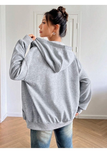 Best Fermuarlı Hırka Sweatshirt - Gri Baskılı Oversize Kışlık Kalın Kapüşonlu Gri