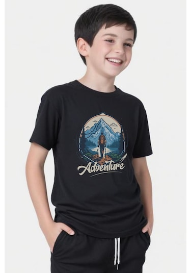 Adventure Baskılı Erkek Çocuk Yuvarlak Yaka Kısa Kollu T-shirt Siyah
