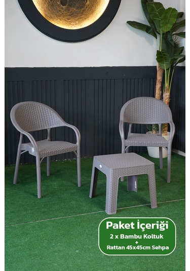 Bambu Rattan Görünümlü Sehpalı Set 2 Adet Koltuk + 45 Cm Sehpalı Sandalye Seti Gri