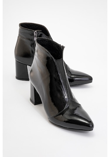 Finda Siyah Rugan Hakiki Deri Kadın Kalın Topuklu Bot Siyah Rugan