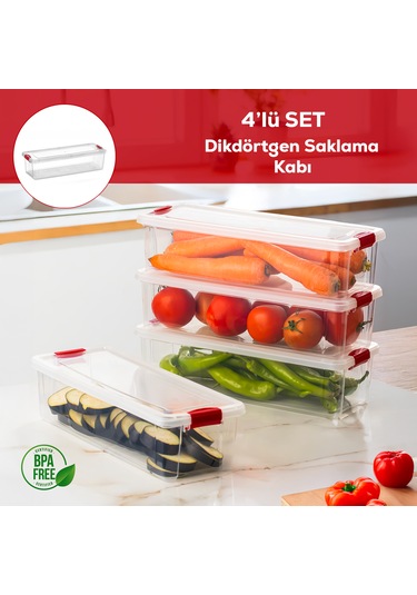 Porsima 456-4 4 Lü 3,4 Lt Kilitli Kapaklı Yiyecek Erzak Saklama Kabı Seti - Buzdolabı Düzenleyici Organizeri Şeffaf