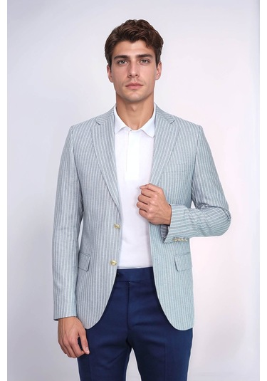 Açık Mavi Çizgili Keten Dokulu Gold Renk Metal Düğmeli Slim Fit Erkek Blazer Ceket Wessi Navy Blue