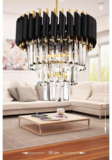 Palmira 35'lik Kristal Taşlı Lüks Avize - Siyah - Gold Siyah