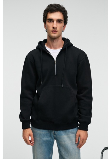 JUSTUS Erkek Kapüşonlu Kanguru Cepli Fermuar Yakalı Siyah Sweatshirt