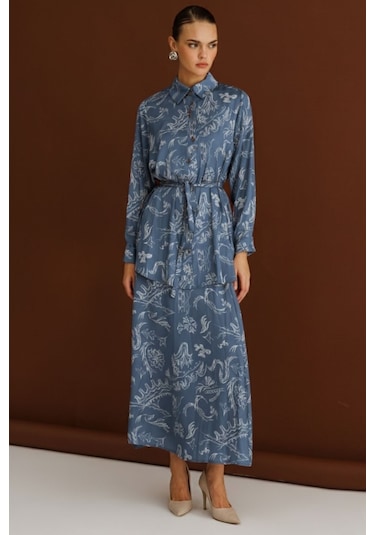 Mizalle Mavi Desenli Evaze Uzun Saten Etek Mavi