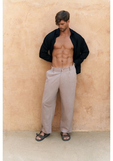 Fyfaha Bol Paça Erkek Vizon Keten Pantolon VİZON