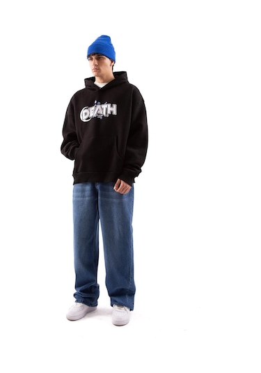 Flaw Death Baskılı Siyah Oversize Hoodie-siyah Siyah