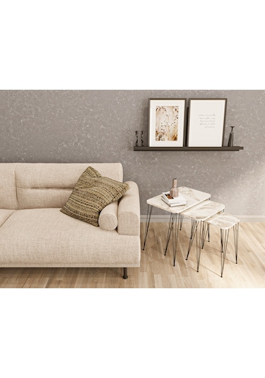 Zigon Sehpa 3'lü Dikdörtgen Siyah Tel Ayaklı Beyaz Mermer