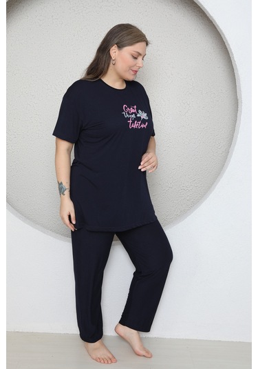 Fames Pijama Büyük Beden Likrali Ring Viskon Kisa Kol Yazlik Pijama Takim Lacivert