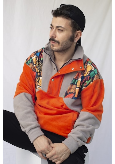 Kadın Erkek Bira Desenli Yarım Fermuarlı Polar Sweatshirt