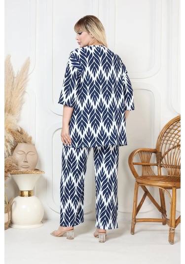 Desenli Kimono Hırkalı 2li Alt Üst Takım Bürümcük Kumaş Yazlık 2xl-6xl Oversize Lacivert