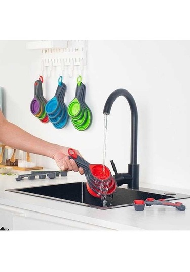 Pazly Çok Renkli Silikon Ölçüm Kabı Ve Kaşık Seti, Katlanabilir Mutfak Aracı, 8 Adet, Yeşil/kırmızı/sarı/mor Çok Renkli