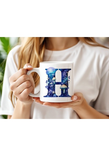 H Baş Harfi Fantastik Mantarlı Kupa Bardak - Kişiye Özel Masalsı Bardak - Hediye Beyaz