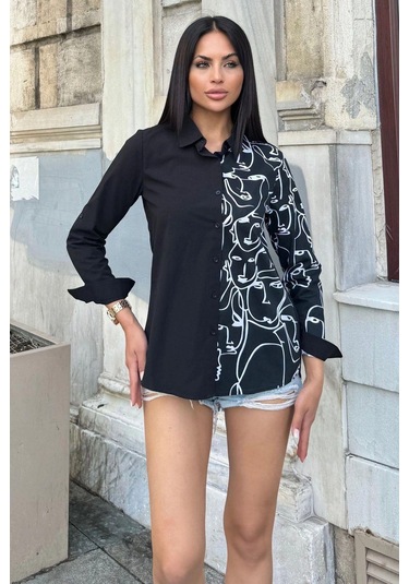 Kadın Siyah & Beyaz Desenli İki Renkli Uzun Kol Regular Kesim Standart Boy Gömlek Siyah - Beyaz Kadın Siyah & Beyaz Desenli İki Renkli Uzun Kol Regular Kesim Standart Boy Gömlek Siyah - Beyaz